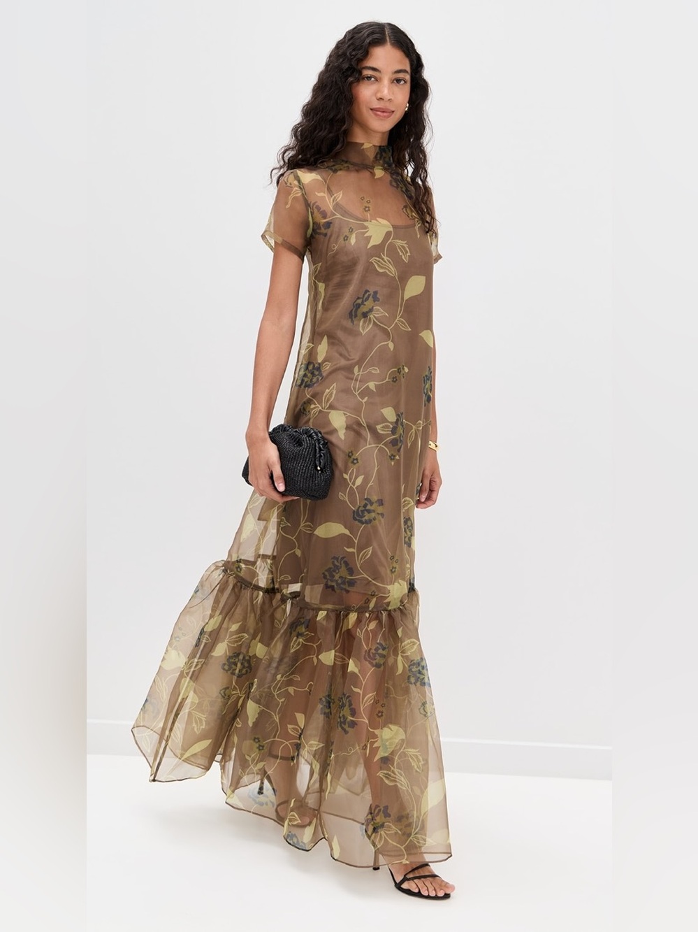 STAUD Calluna Dress Brown Floral Sheer Maxi Dress with Floral Accents - Picture 1 of 9